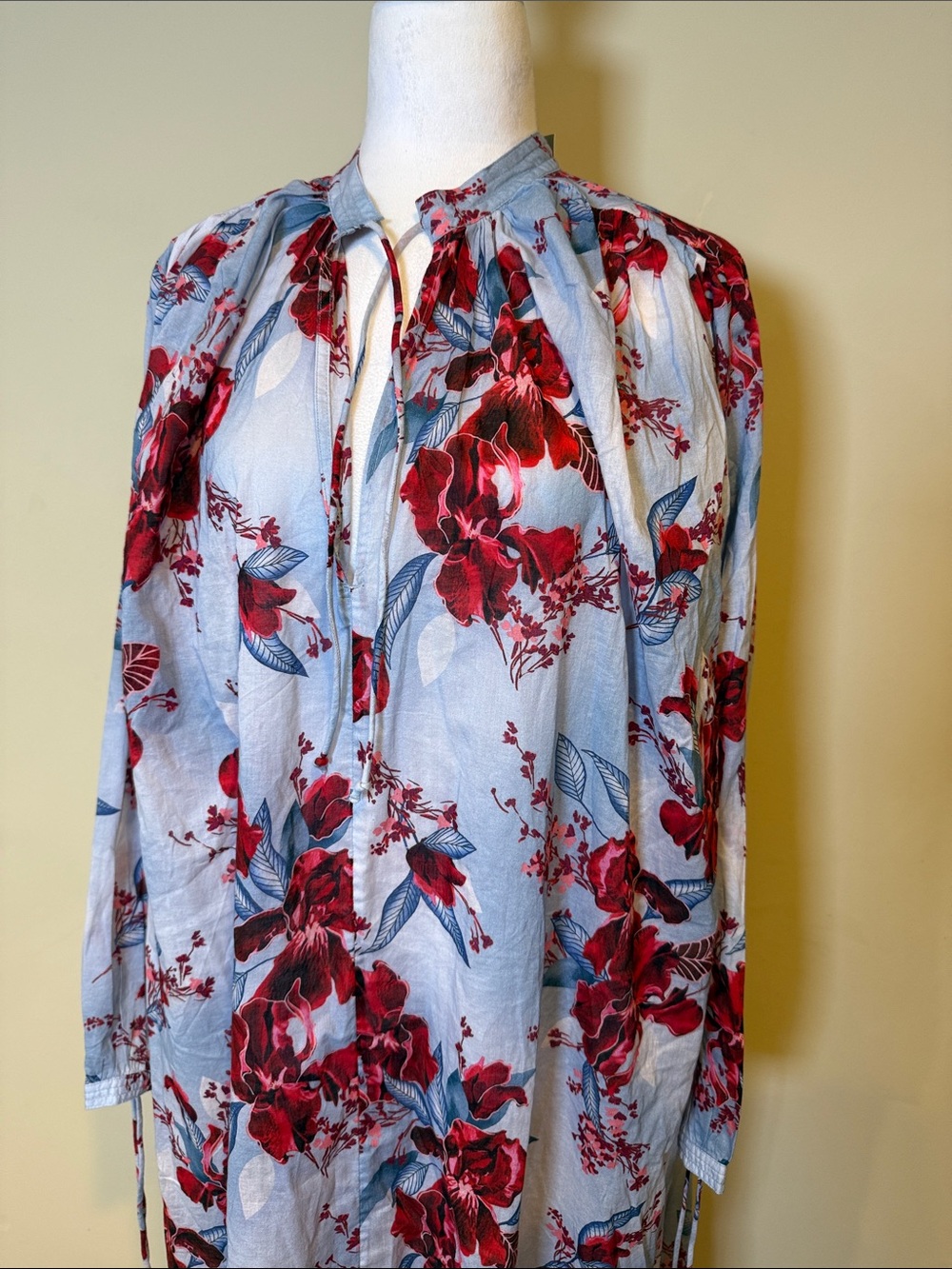 J. Crew Cotton voile Kaftan tunic dress  Sky Blue Maxi Dress Floral Print NWT M - Picture 5 of 12